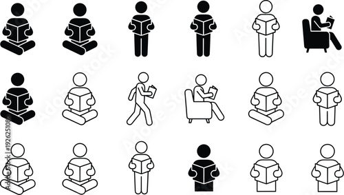 Reading people flat vector icon set, student reading book silhouettes, education learning activity symbol collection