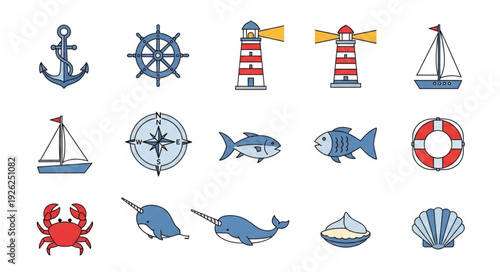 Nautical themed illustrations featuring various marine elements and sea creatures.