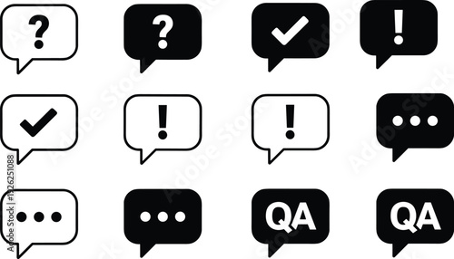 Speech bubble flat vector icon set, question mark, check mark, exclamation, QA chat symbols collection