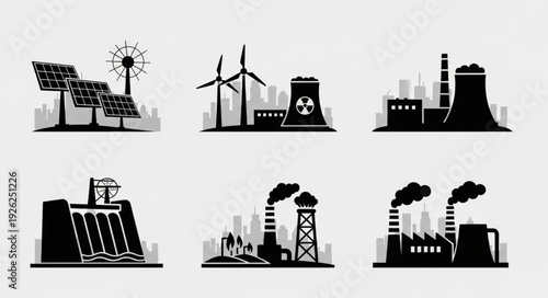 Energy sources and power plants generating electricity for the world.
