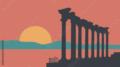 A serene illustration of ancient Greek columns at sunset overlooking the ocean
