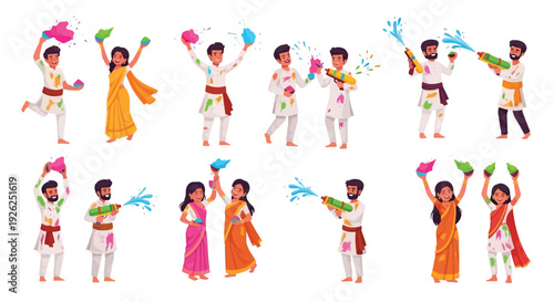 People celebrating holi festival with colors water guns and joyful expressions