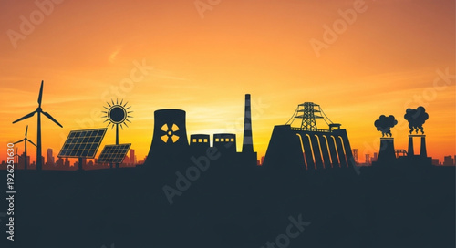 Silhouette of power plant and renewable energy sources against sunset sky.