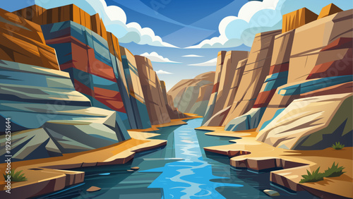 A narrow natural river gorge with rocky walls smooth water flowing through layered stone formations open sky above clean minimal vector illustration flat design uncluttered composition
