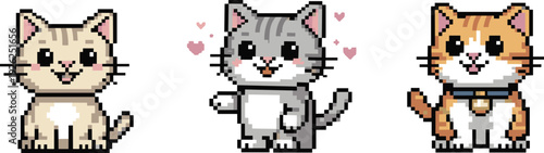 Cute pixel art cat characters set showing adorable kittens with different colors emotions and poses for game design