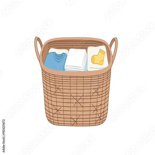 Laundry Basket Filled with Freshly Washed Clothes and Towels