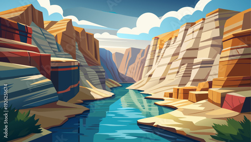 A narrow natural river gorge with rocky walls smooth water flowing through layered stone formations open sky above clean minimal vector illustration flat design uncluttered composition