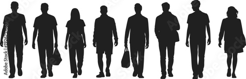 Group of walking people silhouettes, diverse men and women figures isolated on white background, urban crowd shadow illustration concept