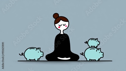 Meditation in the lotus pose with playful piggy banks surrounded by a calming backdrop. Money Smart Week