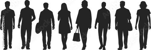 People walking silhouette set, men and women black figures isolated vector illustration for urban lifestyle design