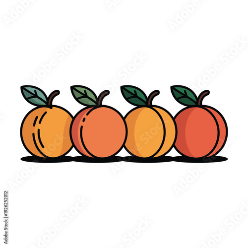 Four ripe, round peaches are lined up with small green leaves attached.