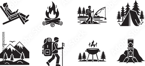 Outdoor activities and camping essentials depicted in simple black and white icons