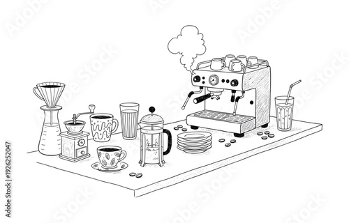 Hand Drawn Coffee Shop Scene with Espresso Machine Grinder and Brewing Equipment Line Art