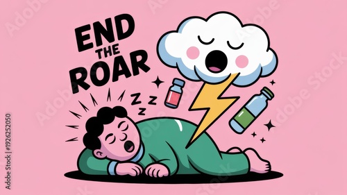 Snoring cloud brings playful delight as it interacts with a sleeping figure in a whimsical dreamland. National Stop Snoring Week