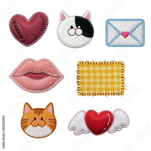 Quadro em tela A collection of charming embroidered patches featuring a heart, lips, a cat, and