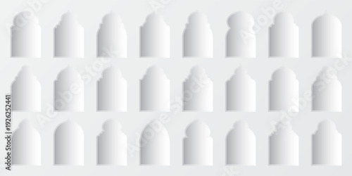 Islamic frames, oriental style objects. Arabic shapes, windows and arches with shadows. Traditional ornamental frame. Muslim holidays, Ramadan Kareem. Modern eastern architecture. Vector illustration