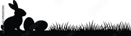 Easter bunny silhouette with eggs on grass, black rabbit isolated vector illustration for spring holiday design decoration