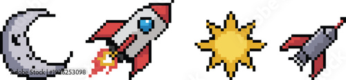 Pixel art space icons set, rocket moon sun and spaceship retro arcade game cosmic illustration collection