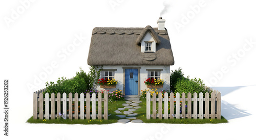 small cozy suburban house with white fence isolated on white background real estate property concept