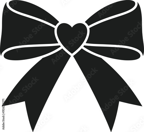 Black bow silhouette with heart shape in center and white outline on white background ribbon