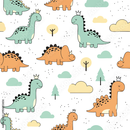 Adorable Cartoon Dinosaurs Seamless Pattern For Children Nursery Decor
