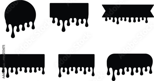 Black dripping paint silhouette set, liquid splash drip frames isolated vector illustration for horror design decoration elements