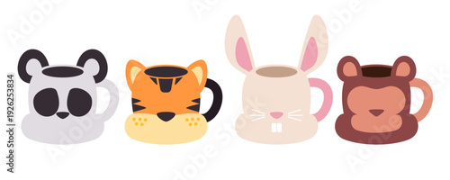 cute animal face ceramic mugs set featuring panda tiger rabbit bear characters for kids kitchenware and drinkware collection flat vector illustration