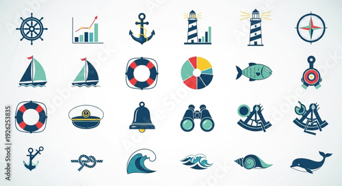 Collection of nautical themed icons representing various maritime elements and symbols.