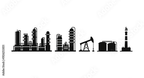 Industrial plant silhouette, showing oil refinery and processing facilities, black and white.