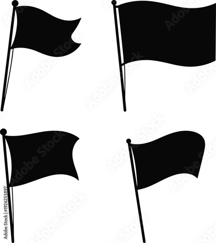 Waving flag silhouette collection, black banner on pole isolated vector illustration for symbol sign decoration design