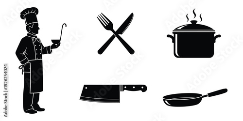 A comprehensive vector graphic illustration featuring essential culinary tools and kitchen utensils for restaurant, chef, and cooking designs.