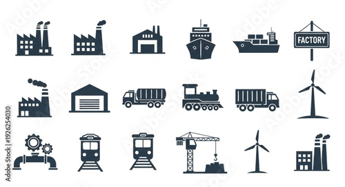 Industrial icons representing factories, transportation, and energy production in a vector illustration.