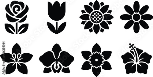 Floral icon set, 8 black flower symbols. Created in solid style with black and white color palette.