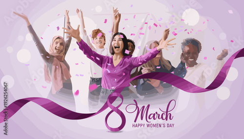 Joyful diverse women celebrating Happy Women's Day with confetti and an elegant 8 March purple ribbon design.