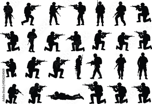 Collection of armed soldier silhouettes in combat poses, tactical positions with rifles and gear, military training illustration showcasing warfare movements and battlefield readiness