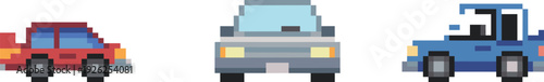 Pixel art car icon set showing different vehicles in side and front view for game design transport graphics