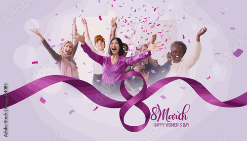 Diverse women celebrating Happy Women's Day with confetti, raised hands, and an 8 March purple ribbon design.