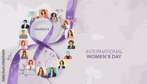 International Women's Day collage with a March 8 purple ribbon and numerous diverse women's portraits representing global sisterhood.