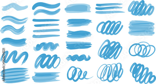 Hand drawn blue watercolor brush strokes, wavy lines, paint smudges, artistic ink swirls and abstract dabs isolated on white background.