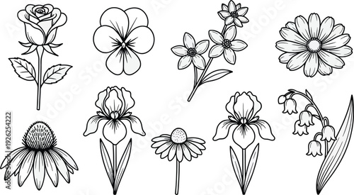 Floral line art icon collection. Includes 9 flower icons. Created in black line style with white background.