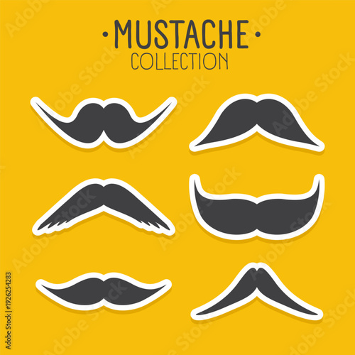 Mustache collection in different styles of moustaches. Hipster, barber, retro, vintage facial hair icons for logo, branding, poster, sticker, fashion, barbershop, design projects. Vector illustration