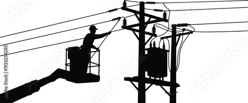Silhouette of utility lineman in bucket truck servicing power transformer and overhead electrical lines energy distribution maintenance isolated on white background