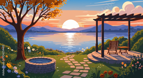 Vector Illustration of Tranquil Lakeside Pergola at Sunset with Winding Stone Path