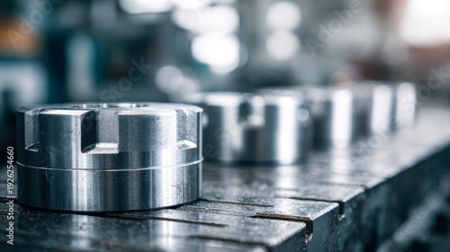 Precision metal components lined up on a polished industrial worktable with shallow depth of field highlighting advanced manufacturing and machinery parts assembly
