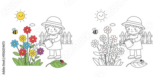 Girl Watering Colorful Flowers in Garden - Nature Care and Springtime Fun