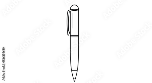 Simple black and white line drawing of a ballpoint pen with a clip shown vertically against a clean white background for stationery.