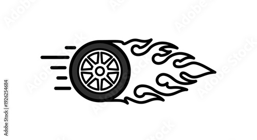 Burning wheel illustration speeding through flames in a dynamic vector graphic