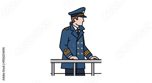 Uniformed officer stands at a desk, illustration of authority and professionalism in a formal setting from a straightforward viewpoint