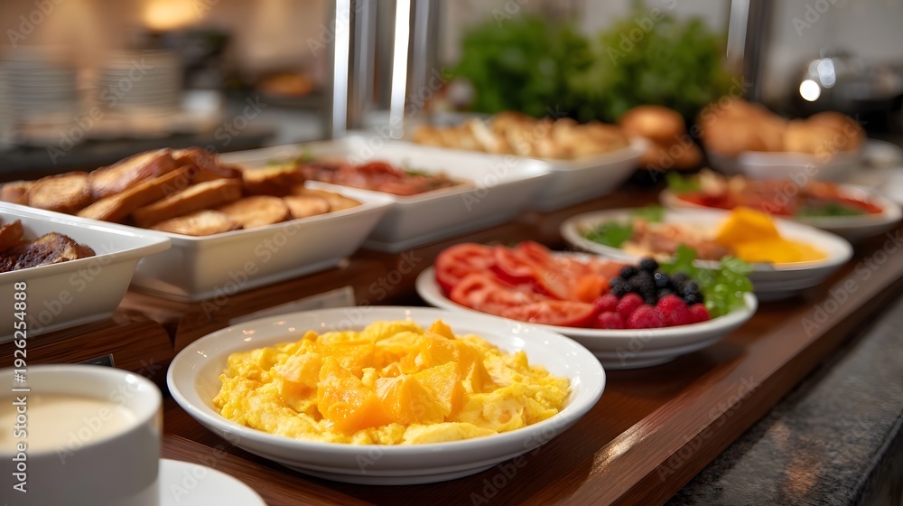Fototapeta premium A delicious breakfast buffet with scrambled eggs fresh berries and assorted pastries
