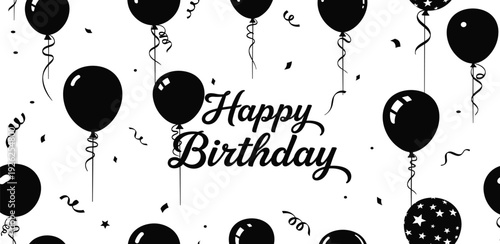Black balloons and confetti surround Happy Birthday text in a festive celebration scene viewed directly from above